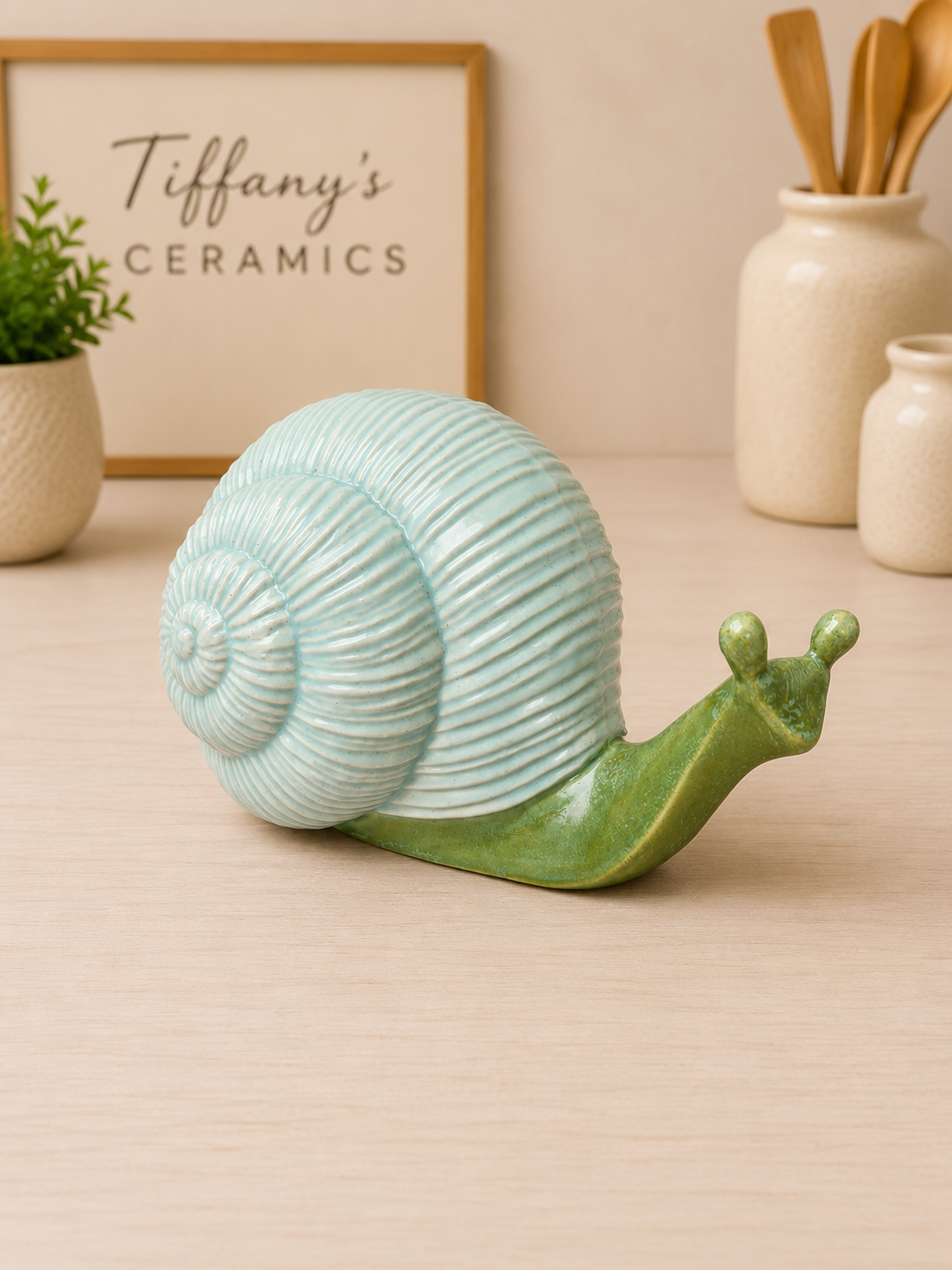 Medium green and blue snail ceramic garden decor