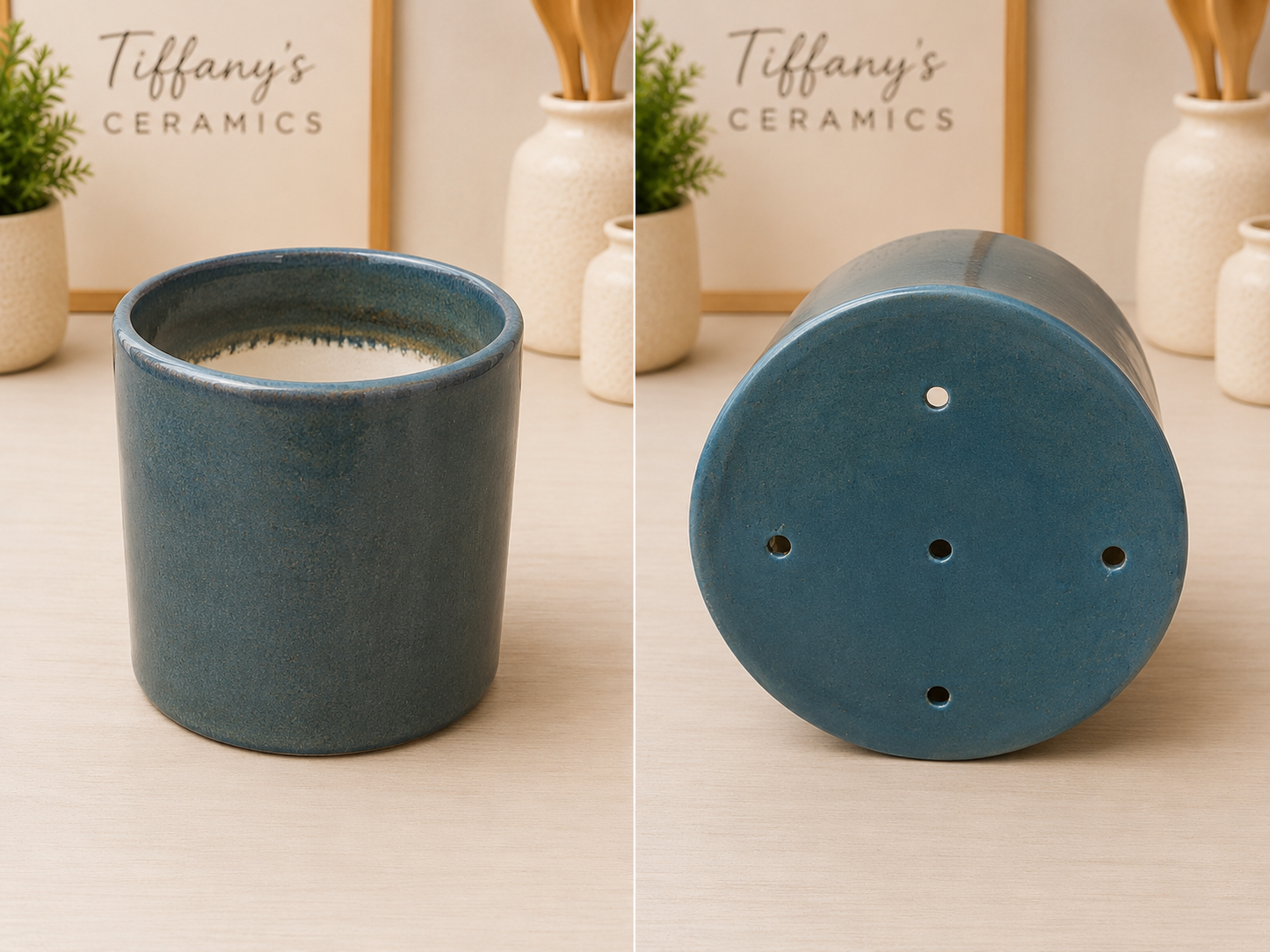Two tone blue planter hand casted ceramic