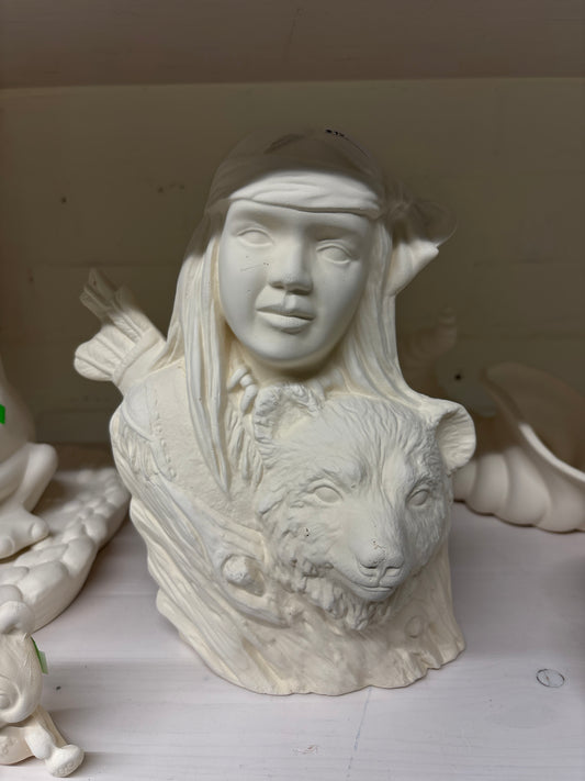 9” Native American with bear ready to paint Ceramics ￼