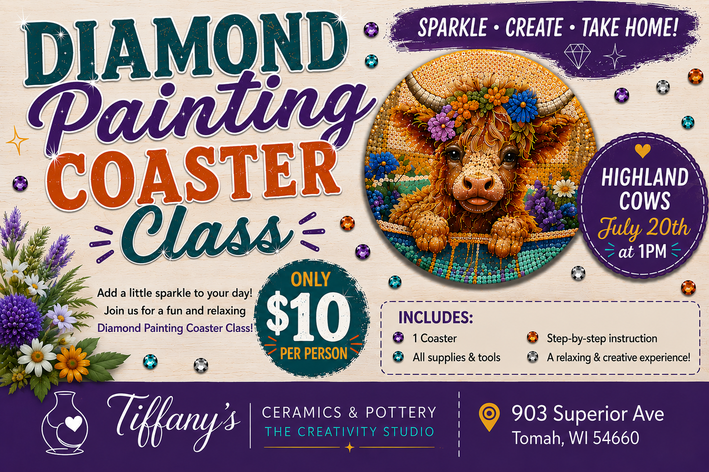 July 20th Monday @1pm Highland Cows Diamond Coaster Class
