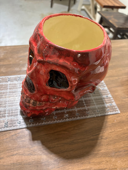 Glaze Finished Red Ceramic Skull Planter