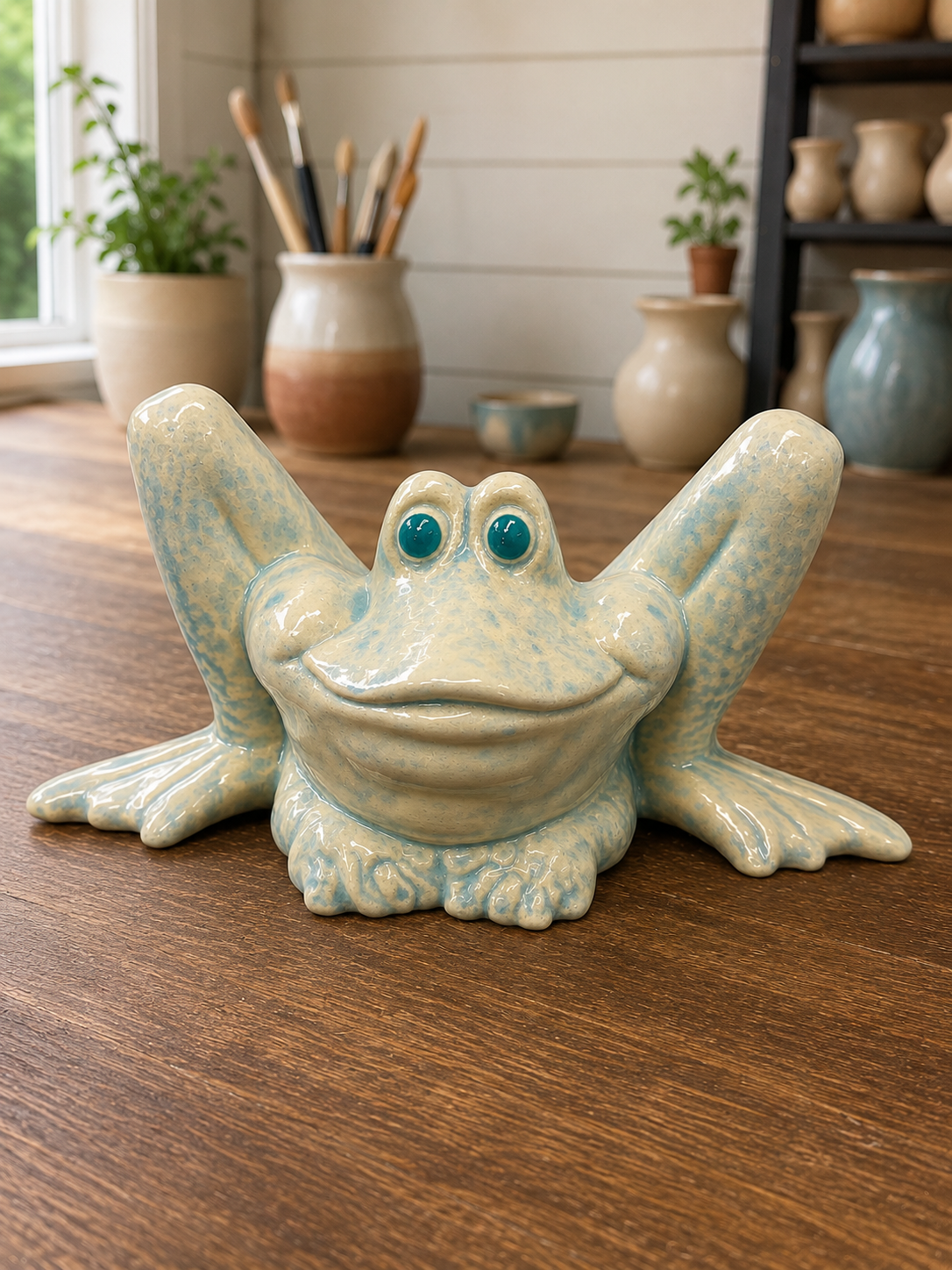 Long legged blue frog casted ceramic decor