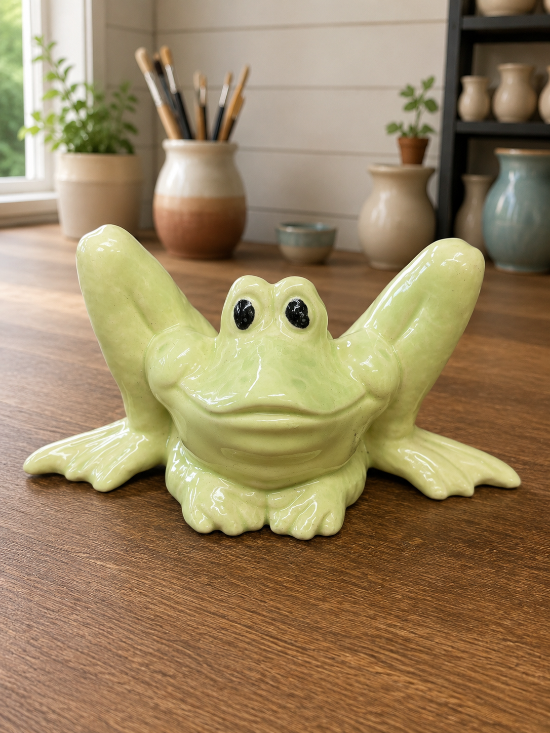 Long legged, green frog, ceramic casted decor
