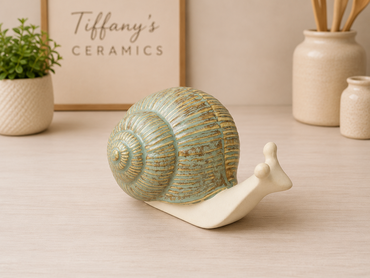 Sea green snail ceramic garden decor