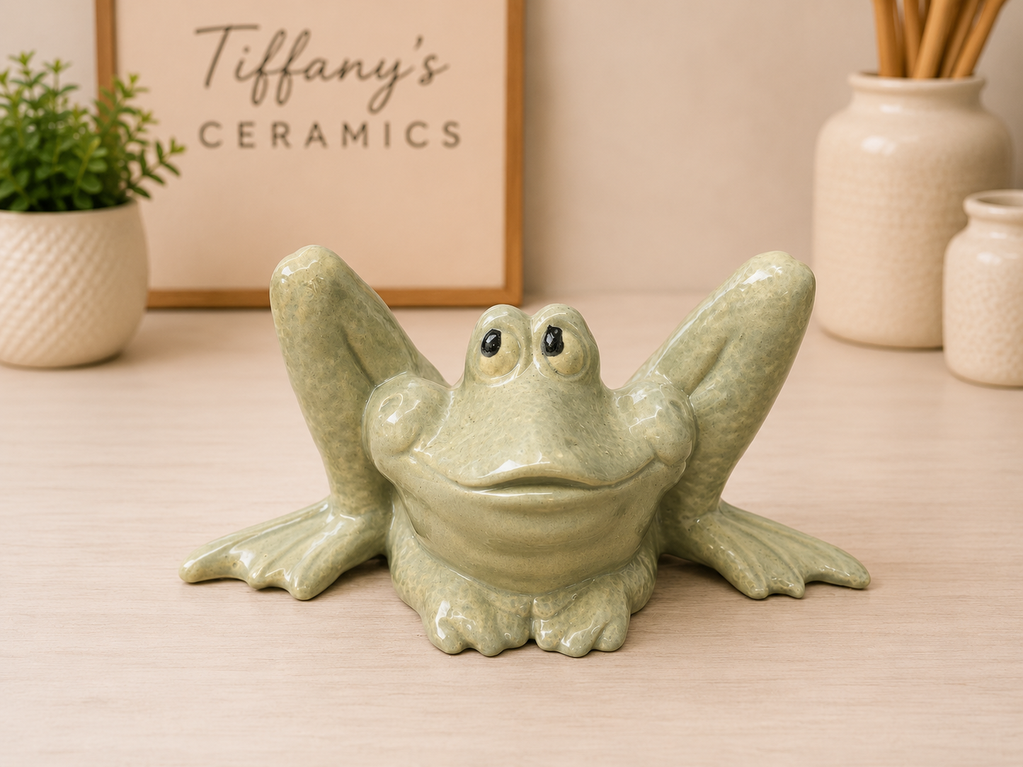 Long legged sage green frog ceramic decor ￼